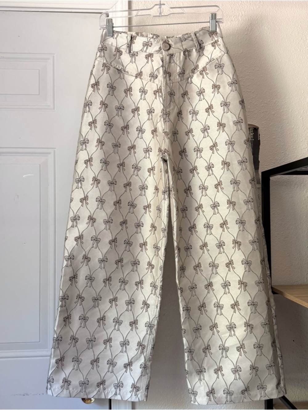 SHORT WAVE beige grey taupe bow‎ satin jacquard wide leg high rise trousers